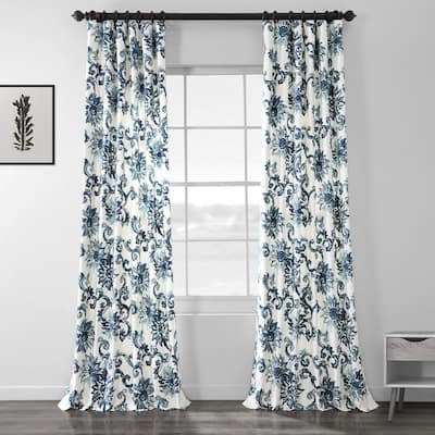 Indonesian Blue Floral Rod Pocket Room Darkening Curtain - 50 in. W x 96 in. L