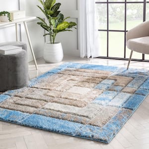 Lolly Kenzo Grey Light Blue 3 ft. 11 in. x 5 ft. 3 in. Retro Geometric Pattern 3D Textured Shag Area Rug