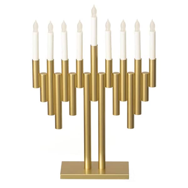 Modern 9-Branch Hanukkah Menorah with LED Candles in Sleek Finish, Contemporary Centerpiece and Gift, Gold