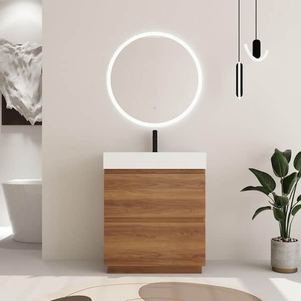 ARTCHIRLY 29.53 in. W. x 18.11 in. D x 35.35 in. H Freestanding Bath Vanity in Brown with White Ceramic Vanity Top