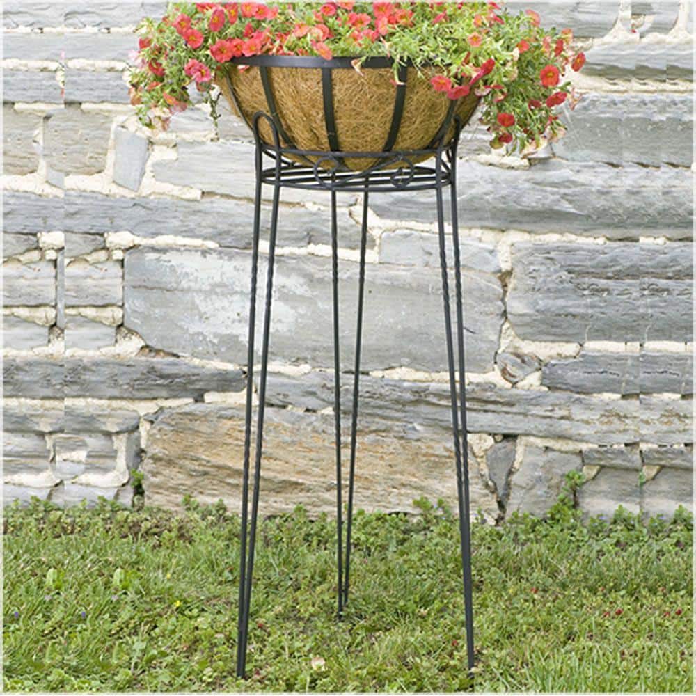 Canterbury Scroll Top Textured Black Metal Outdoor Plant Stand, 30"