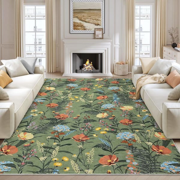 Green 8 ft. x 10 ft. Non-Slip Border Print Rug Machine Washable Ultra Thin Soft for Bedroom Dining Room Office