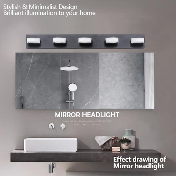 Runesay 37 in. Modern 5-Light Black Acrylic LED Mirror Vanity Light Fixture for Bathroom Over Mirror Bath Wall Lighting