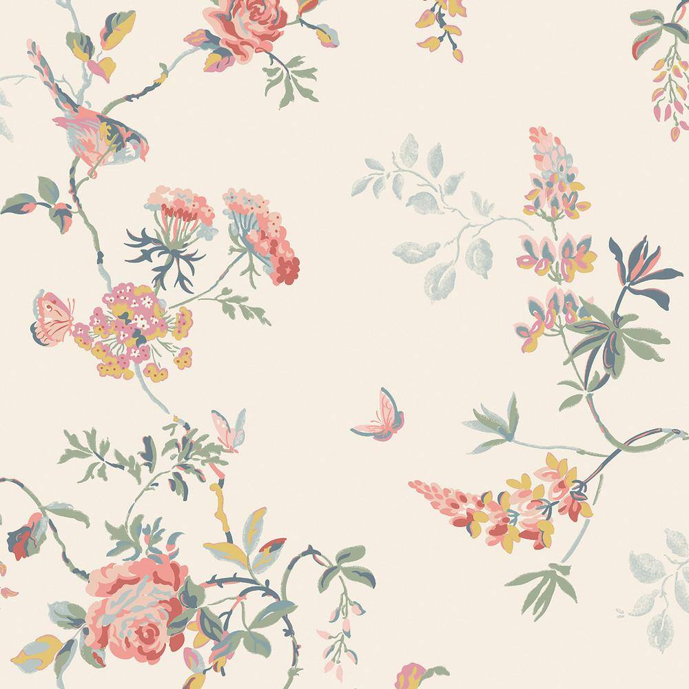 Birds and Roses Spring Multi-Colored Wallpaper Sample