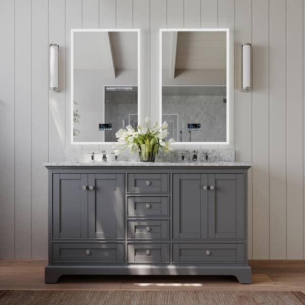 Ancerre Designs Audrey 60 in. W x 22 in. D Vanity in Sapphire Gray with Marble Vanity Top in Carrara White with White Basin
