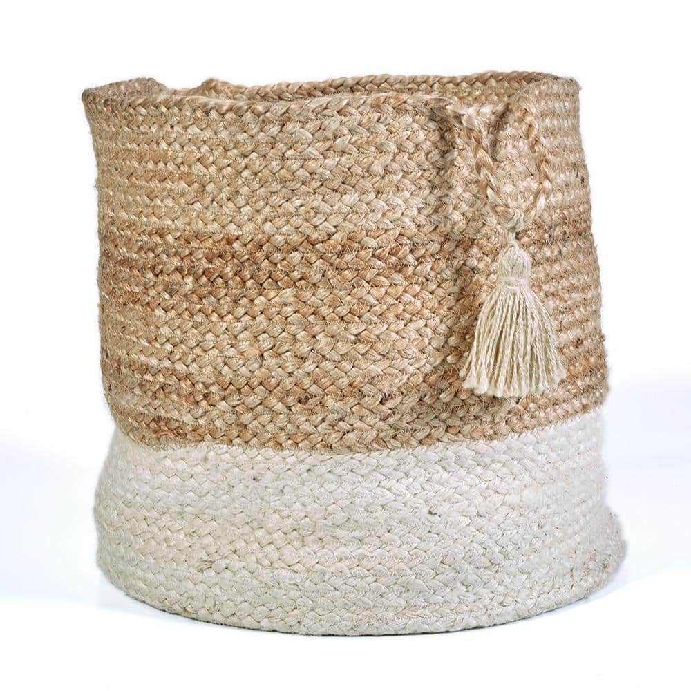 Montego Natural & White Jute Round Storage Basket with Handles
