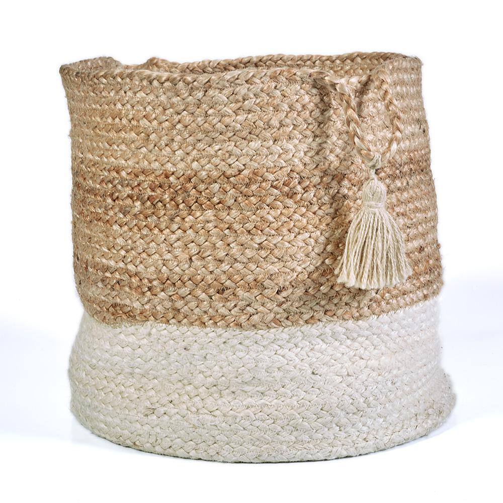 Montego Natural & White Jute Round Storage Basket with Handles