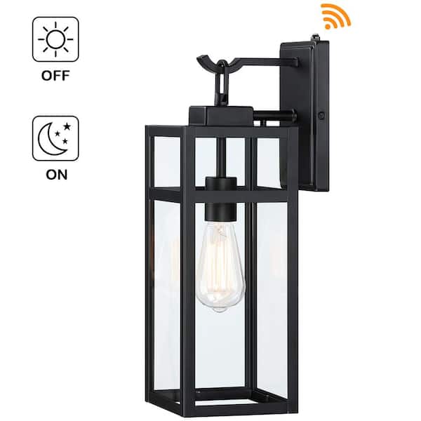 Uixe 18 in. Matte Black Dusk to Dawn Outdoor Hardwired Sensor Wall Lantern Sconce with Clear Glass Shade