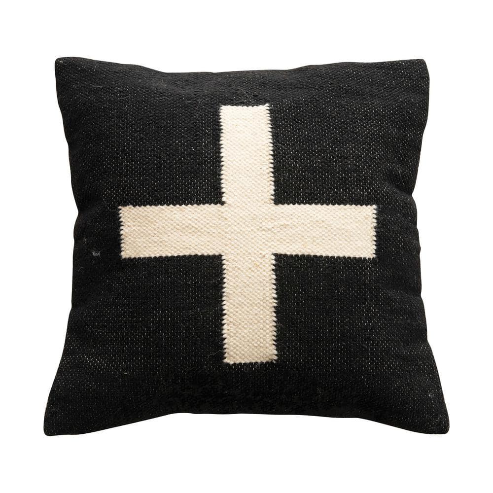 Black and Cream Wool Blend Swiss Cross Pillow