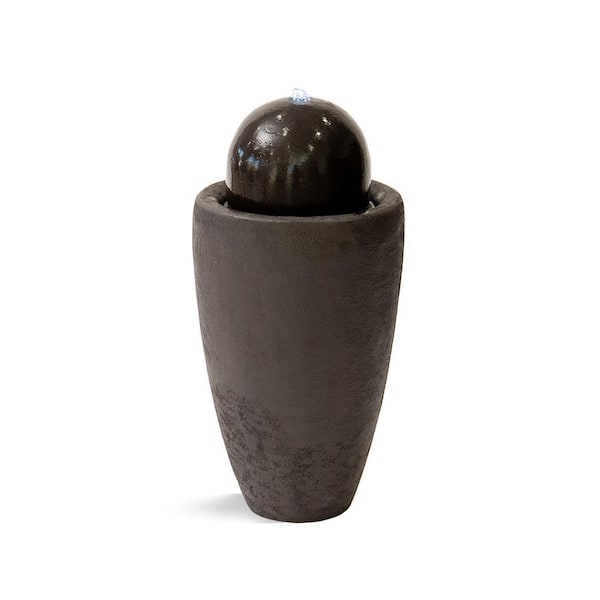 XBRAND 25.98 in. H Round Stone Indoor/Outdoor Modern Stone Textured Sphere Water Fountain w/LED Lights, Brown