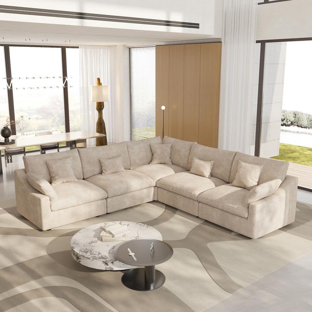 118.11 in. Slope Arm 6-Piece Deep Seat Down Linen Flexible Modular Sectional Sofa with Ottoman, Removable Cover in Brown