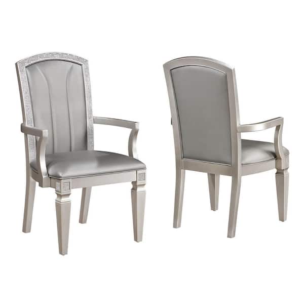 Benjara Gray, Taupe and Silver Faux Leather Turned Legs Dining Armchair (Set of 2)