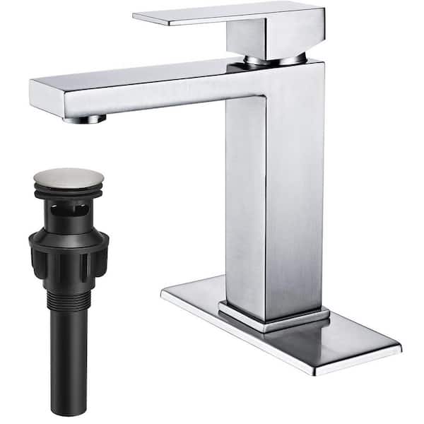 Single Handle Single Hole Bathroom Faucet with Pop-up Drain in Brushed Nickel