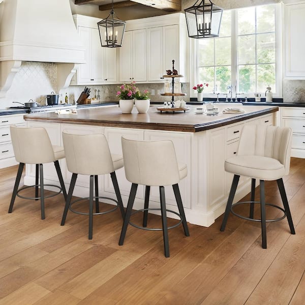 LUE BONA Paul 26 in. Beige Modern Fabric 360° Swivel High Back Barstool Solid Wood Counter Height stool (Set of 4)