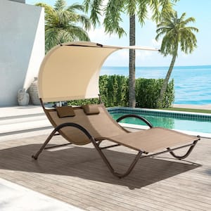 Metal Outdoor Double Chaise Lounge in Brown with Sun Shade Canopy and Wheels