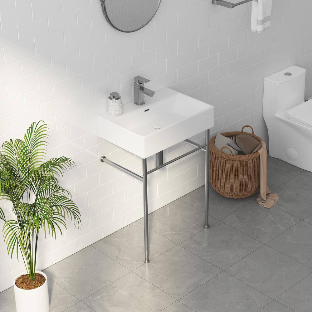 Turner 24" White and Brushed Nickel Ceramic Wall-Mount Console Sink