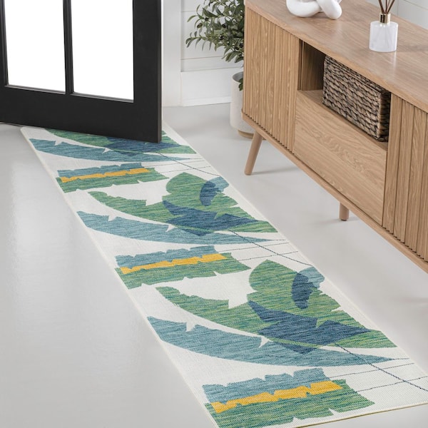 Shelby Coastal Vintage Abstract Palm Leaf Green/Cream 2 ft. x 8 ft. Indoor/Outdoor Runner Rug