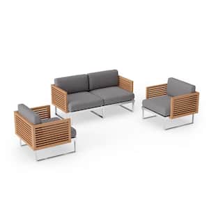 Monterey 4-Seater 3-Piece Stainless Steel Teak Outdoor Patio Conversation Set With Cast Slate Cushions