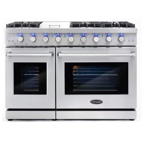 Cosmo 48 in. 6.8 cu. ft. Double Oven Commercial-Style Gas Range with Fan Assist Convection Oven in Stainless Steel