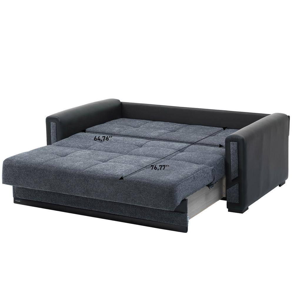 Extended sleeper sofa bed with length and width measurements.