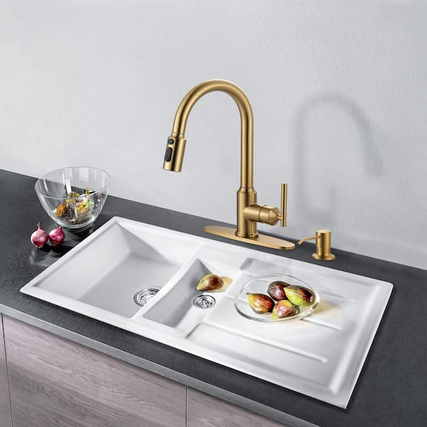 Brushed Gold 15 in. 3-Mode Single Handle Pull Down Sprayer Kitchen Faucet with 360° Swivel Spout and Soap Dispenser