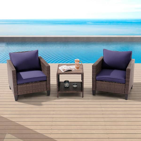 3-Piece Brown Wicker Patio Outdoor Single Sofa Set Set with Side Table Navy Blue Cushion