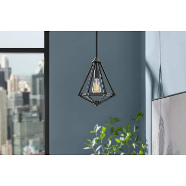 Home Decorators Collection Hubley 1-Light Triangular Black Mini Pendant Light Fixture with Metal Cage Shade