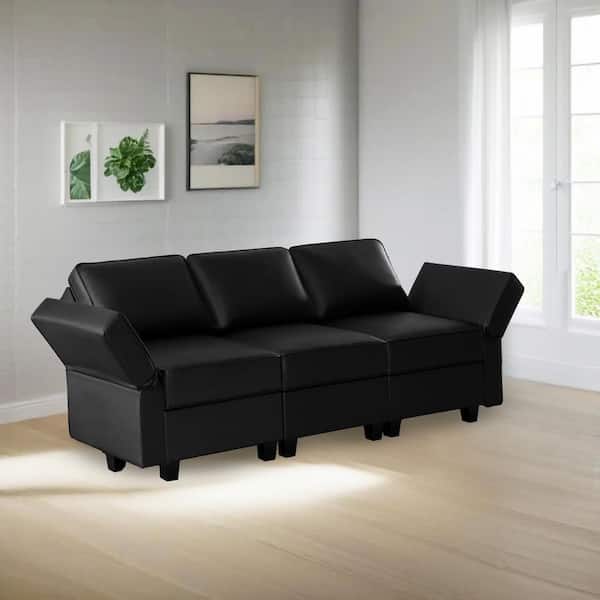 87.01 in. Armless 3-piece Faux Leather Modular Sectional Sofa in. Black with Streamlined Comfort