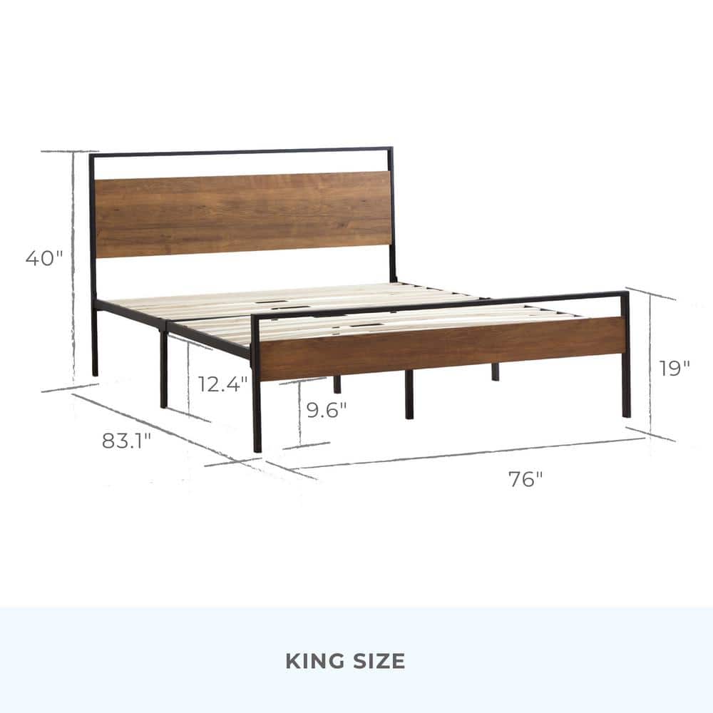 Modern Rustic King Platform Bed with Wood Frame and Slats