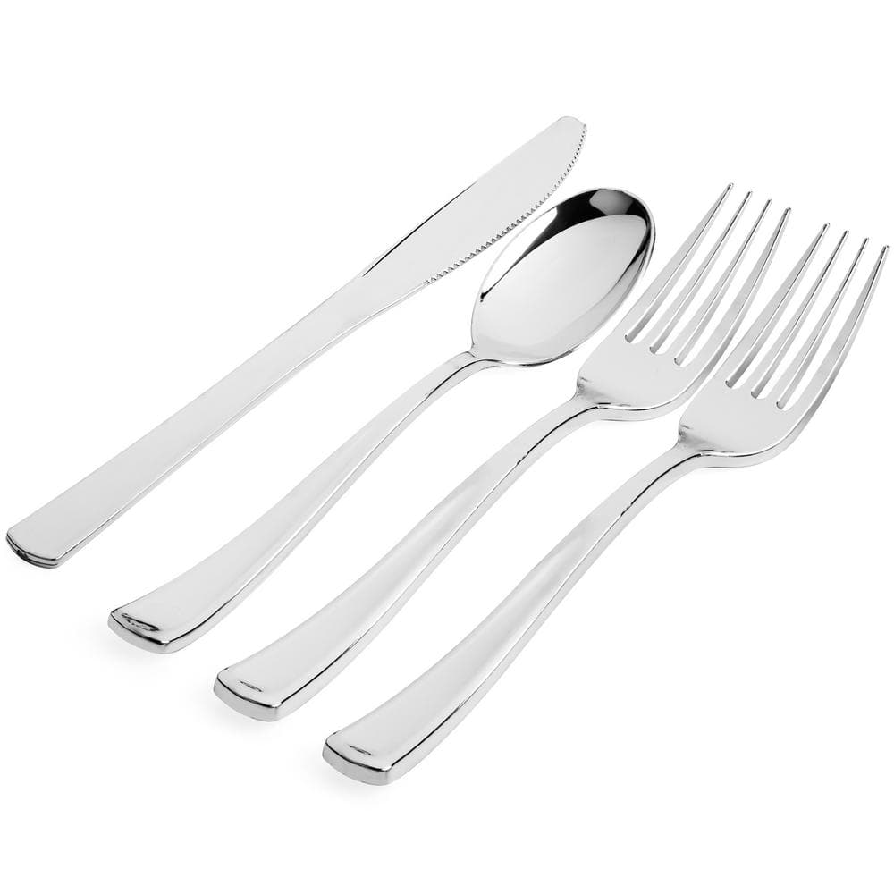 720 Pc. Silver with White Handle Moderno Disposable Plastic Cutlery Set Spoons, Forks and Knives (240 Guests)
