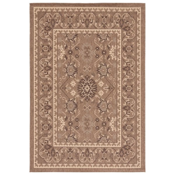 Courtyard Brown/Cream Doormat 2 ft. x 4 ft. Border Floral Indoor/Outdoor Area Rug