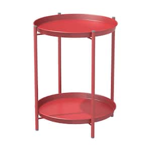 Red Round Metal Outdoor Side Table for Patio and Indoor Use (2-Tier)