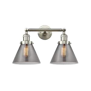 Large Cone 18 in. 2-Light Brushed Satin Nickel Vanity Light with Plated Smoke Glass Shade