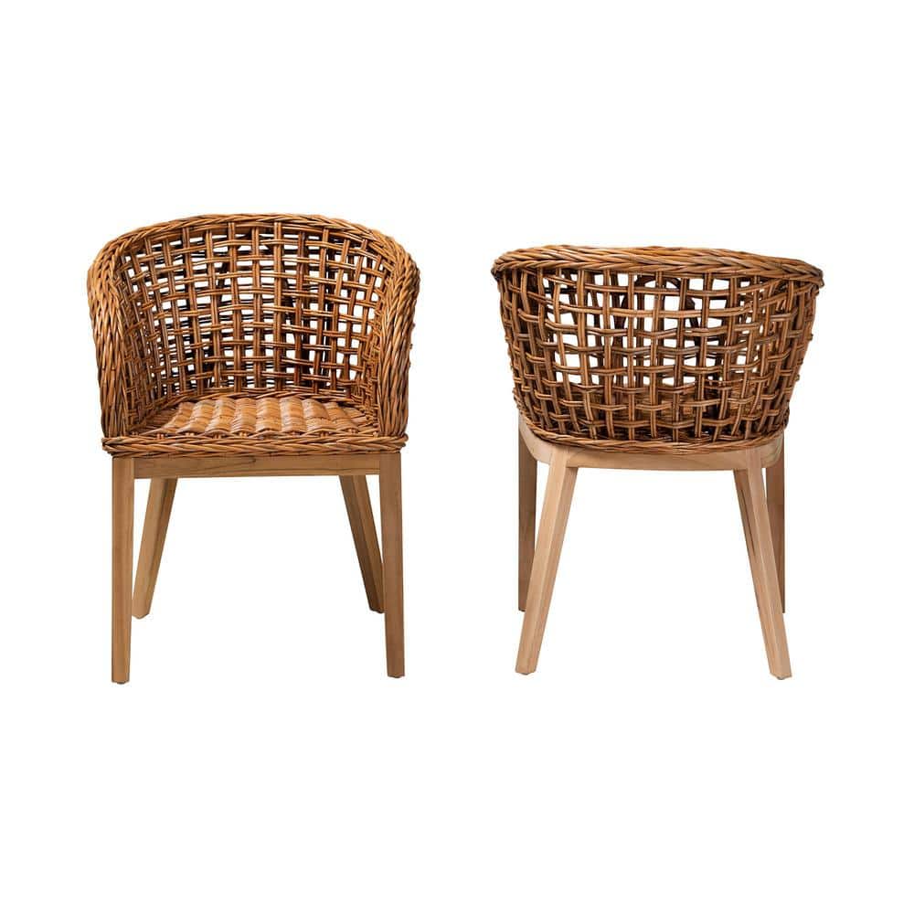 Natural Brown Teak Wood and Rattan 2-Piece Dining Chair Set