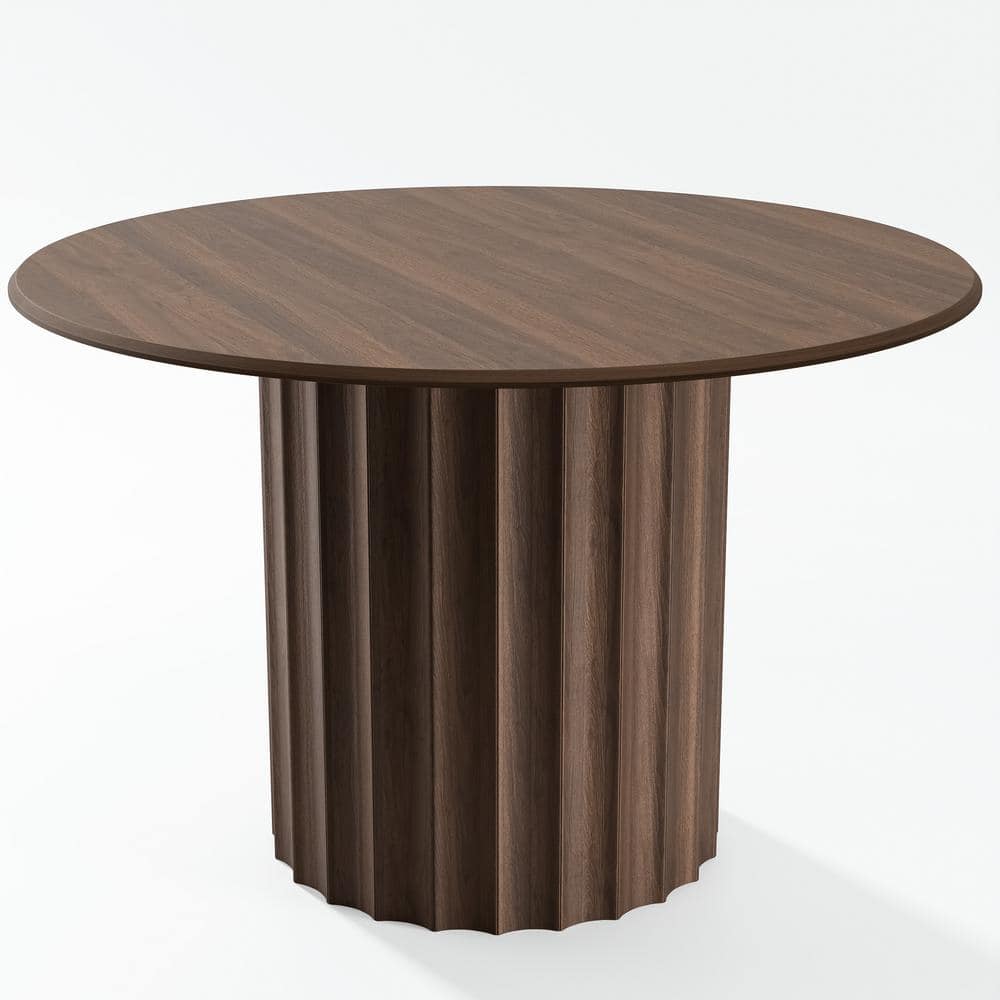 Cylindrical Walnut Colored Wood 60" Column Base Recessed Roumded Duckbill Edge Dining Table for 8
