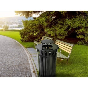 38 gal. Black Steel Slatted Commercial Outdoor Trash Can Receptacle with Rain Bonnet Lid and Liner