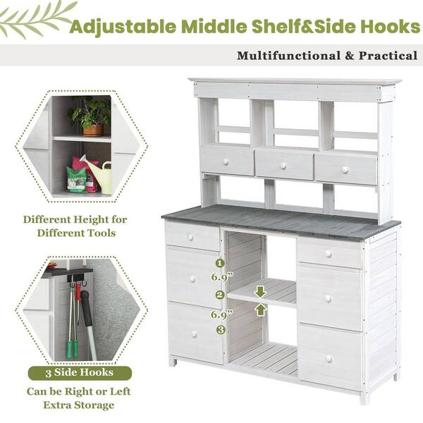 Unbranded - White and Gray Fir Wood Potting Bench Table with Multiple Drawers and Shelves for Storage