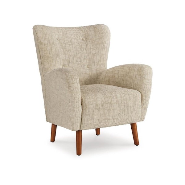 Benjara Sonie Beige and Brown Polyester Side Chair with Soft Cushions and Tapered Brown Wood Legs