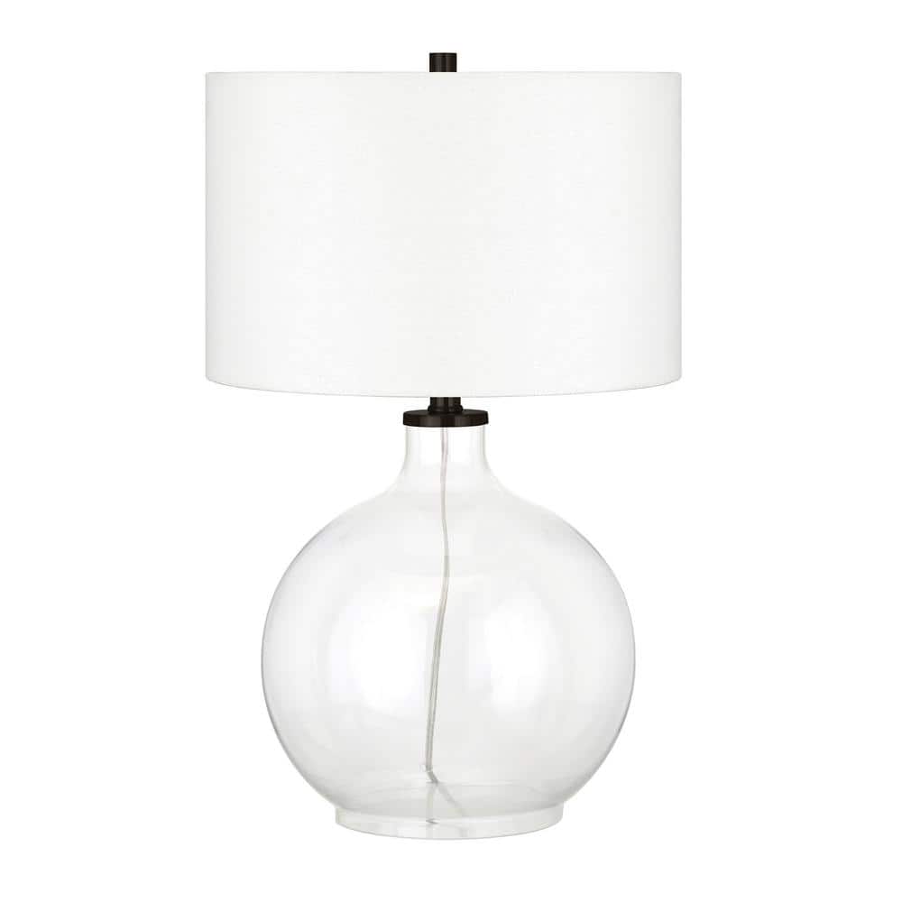 Clear Glass Nightstand Lamp with Bronze Accents and Linen Shade