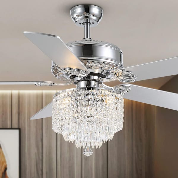 52 In. Indoor Modern Silver Crystal Beads Downroad Mount Ceiling Fan with Remote Included with No Bulb Included