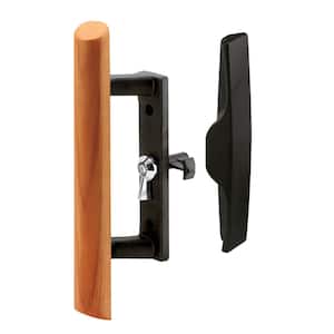 Sliding Glass Door Handle Set, 3-1/2 in., Diecast and Wood, Black, Hook Style, Internal Lock