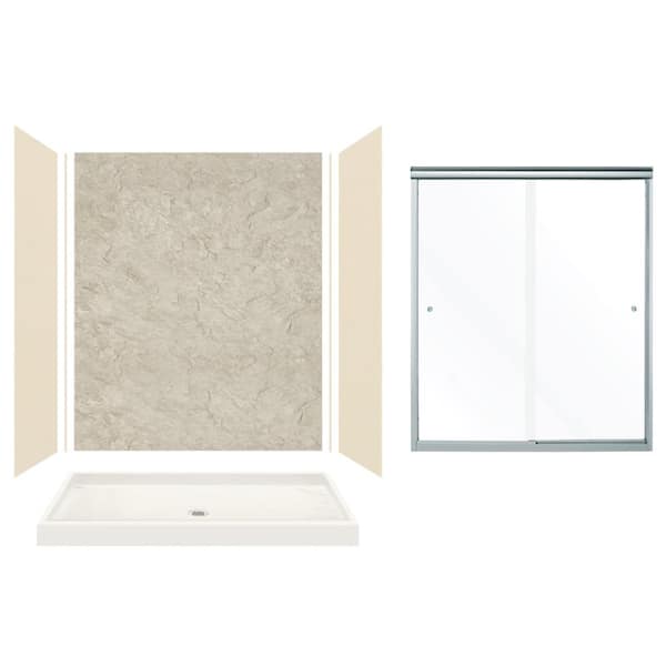 Transolid Expressions 32 in. x 60 in. x 72 in. Center Drain Alcove Shower Kit with Door in Bisque/Sea Fog and Silver Hardware