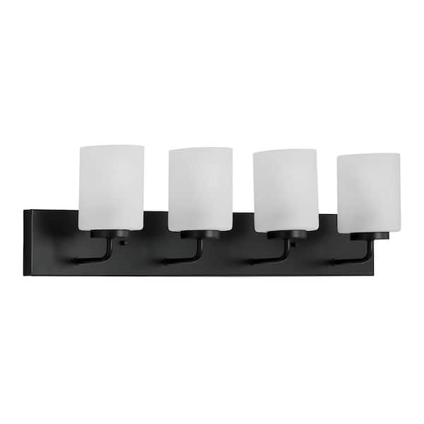 Merry Collection 30 in. 4-Light Matte Black Etched Glass Transitional Bathroom Vanity Light