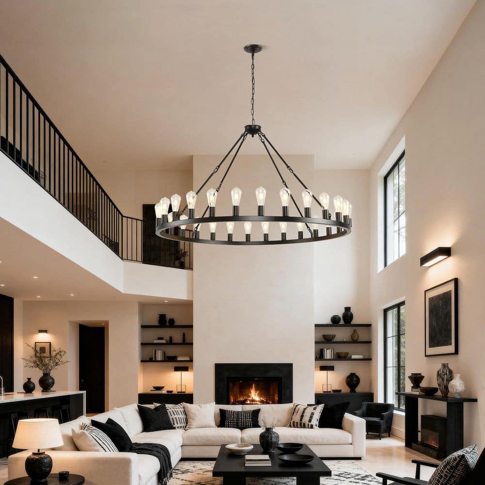 Morgal ll 28-Light 53 in. Black Rustic Farmhouse Large Wagon Wheel Chandelier for Living Room with No Bulbs Included price history on PriceWatchPro