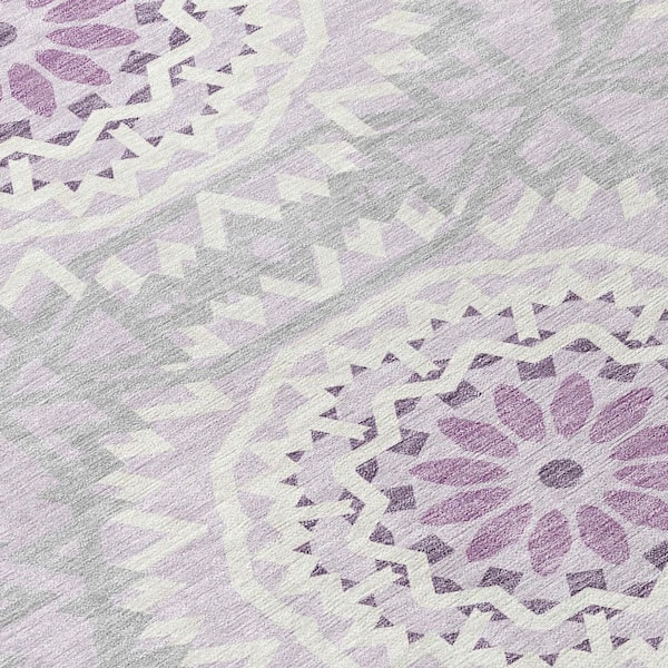 Lilac, Purple, Ivory 8 ft. Round Woven Floral, Medallion Polyester Round Indoor/Outdoor Area Rug