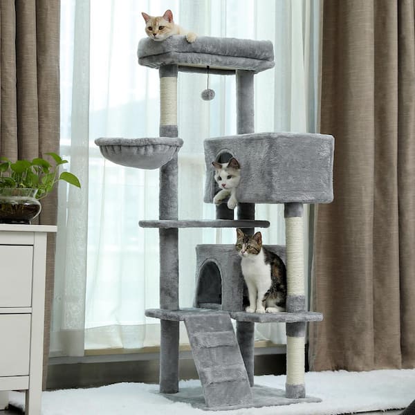 56.30 in. H Pet Cat Scratching Posts and Trees with Super Large Perch Double Condo Hammock in Gray