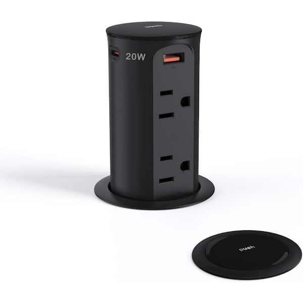 Pop up Outlet 15 Amp Tamper Resistant for Countertop with 4-Outlets, 2 USB-A, 20W Fast Charging 2 USB-C Ports in Black