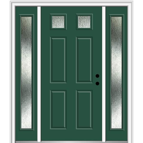 MMI Door 60 in. x 80 in. Left-Hand Inswing Rain Glass Hunter Green Fiberglass Prehung Front Door on 4-9/16 in. Frame