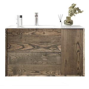 Ciocco 35 in. W Solid Wood Bath Vanity in Walnut with White Solid Surface Top with White Sink
