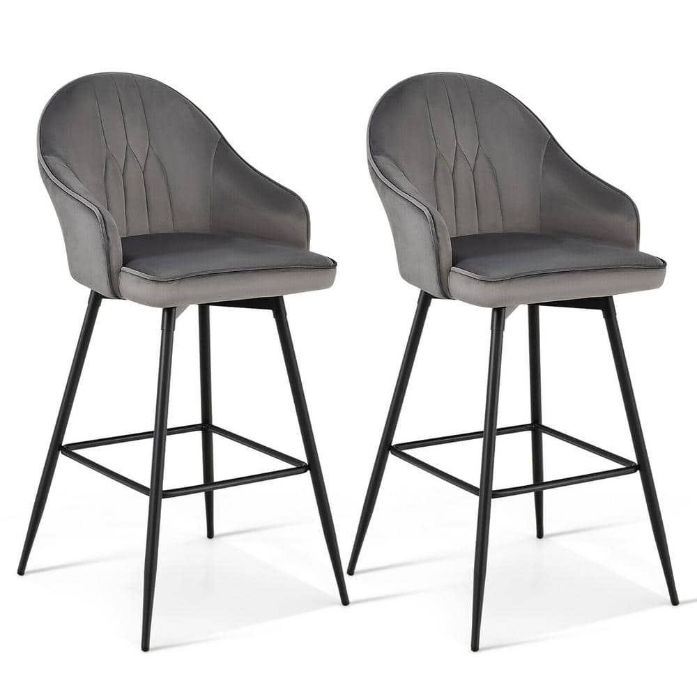 Gymax Set of 2 29.5 in. Gray Velvet Bar Stools Swivel Pub Height Dining Chairs with Metal Legs